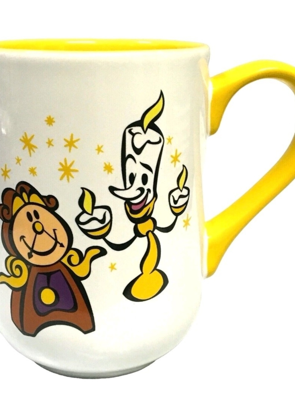 Disney White Ceramic Mug with Yellow Handle & Lumière and Cogsworth Art